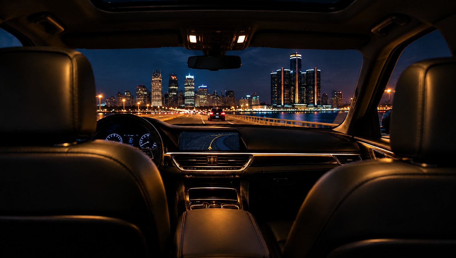 From the rear seat at night: the dashboard map lit, and the Detroit skyline through the windshield